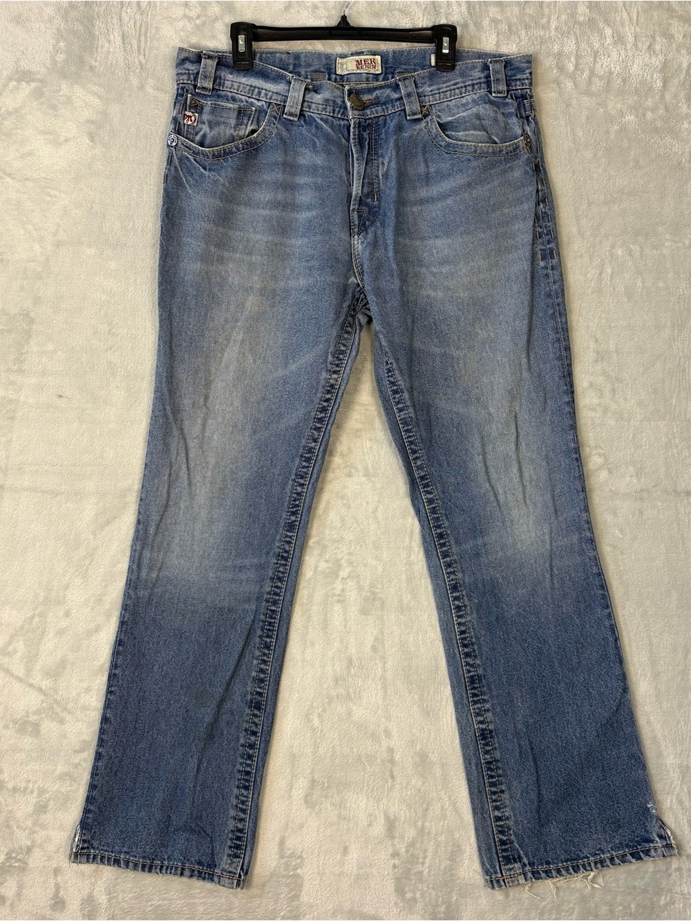 MEK DENIM Cody Jeans 38x34 Straight Leg Button Fly Faded Whiskered Fits 37x32